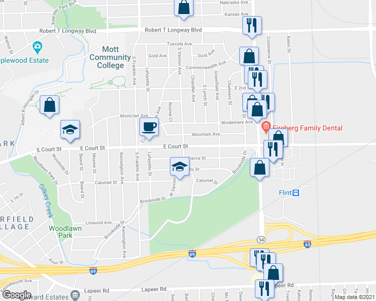 map of restaurants, bars, coffee shops, grocery stores, and more near in Flint