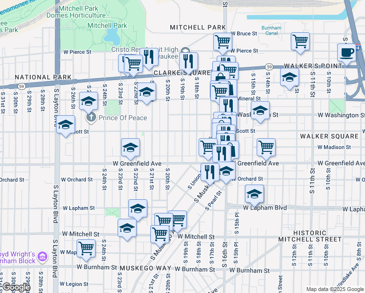 map of restaurants, bars, coffee shops, grocery stores, and more near 1227 South 19th Street in Milwaukee