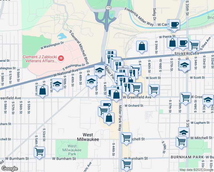 map of restaurants, bars, coffee shops, grocery stores, and more near 1223 South Westchester Street in West Milwaukee