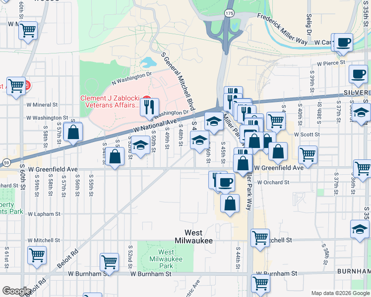 map of restaurants, bars, coffee shops, grocery stores, and more near 1216 South 48th Street in West Milwaukee
