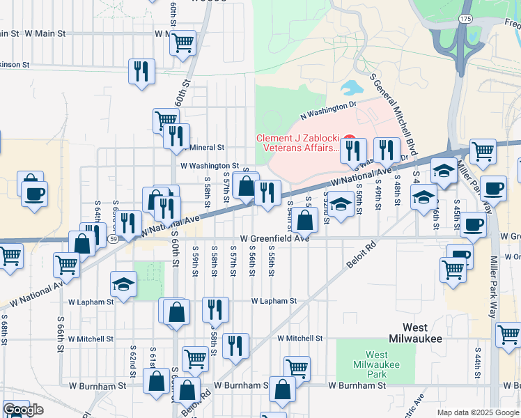 map of restaurants, bars, coffee shops, grocery stores, and more near 5538 West National Avenue in West Allis