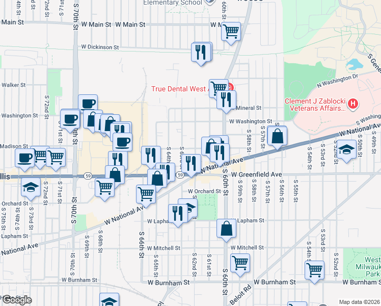 map of restaurants, bars, coffee shops, grocery stores, and more near 1229 South 62nd Street in West Allis