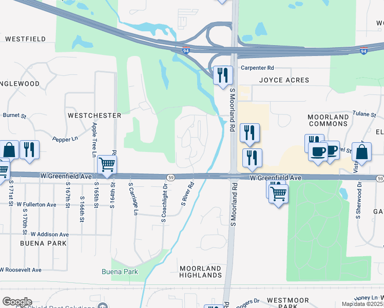 map of restaurants, bars, coffee shops, grocery stores, and more near 1250 Club Circle in Brookfield