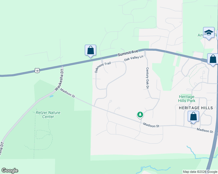 map of restaurants, bars, coffee shops, grocery stores, and more near 3907 Oakmont Trail in Waukesha