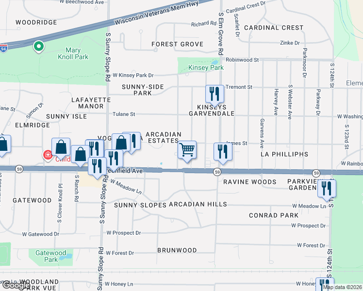 map of restaurants, bars, coffee shops, grocery stores, and more near 13430 James Street in Brookfield
