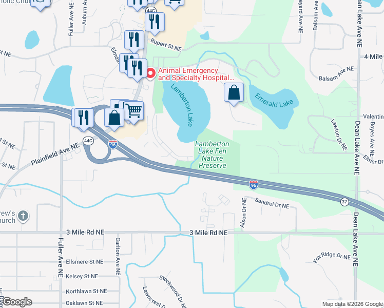 map of restaurants, bars, coffee shops, grocery stores, and more near 3100 Plaza Drive Northeast in Grand Rapids