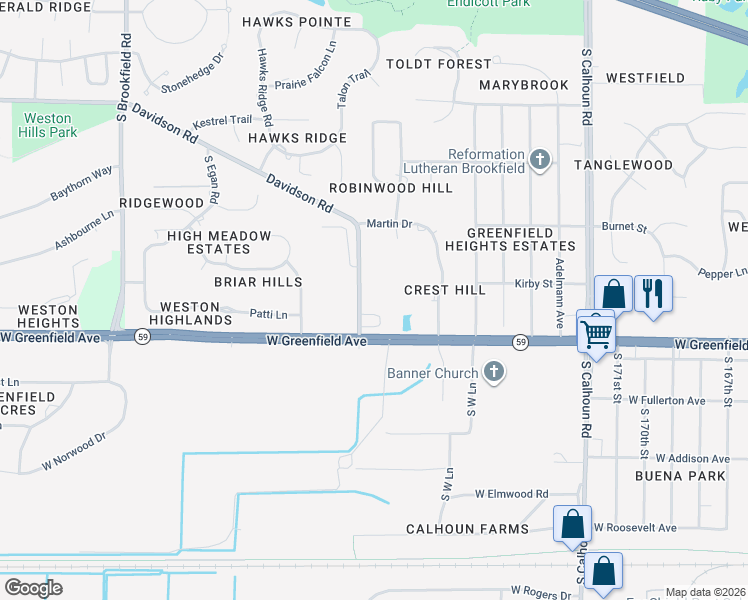 map of restaurants, bars, coffee shops, grocery stores, and more near 1250 Davidson Road in Brookfield
