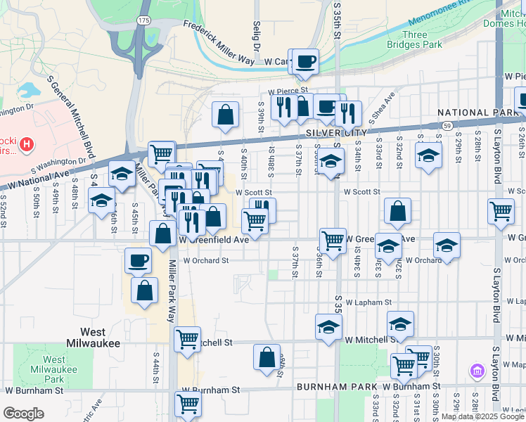 map of restaurants, bars, coffee shops, grocery stores, and more near 3744 West Dorothy Place in Milwaukee