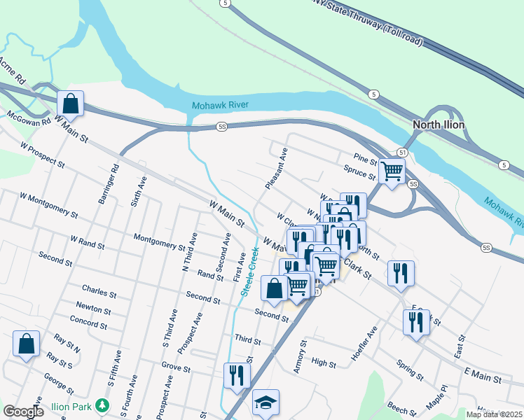 map of restaurants, bars, coffee shops, grocery stores, and more near 100 West Clark Street in Ilion