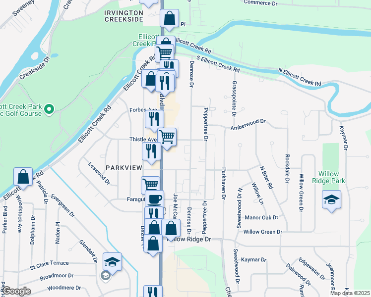 map of restaurants, bars, coffee shops, grocery stores, and more near 208 Denrose Drive in Buffalo