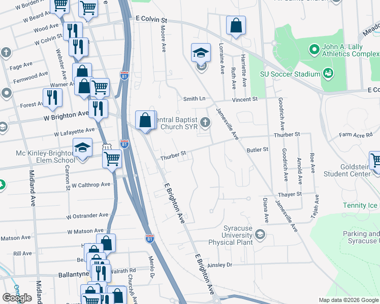 map of restaurants, bars, coffee shops, grocery stores, and more near 228 Thurber Street in Syracuse