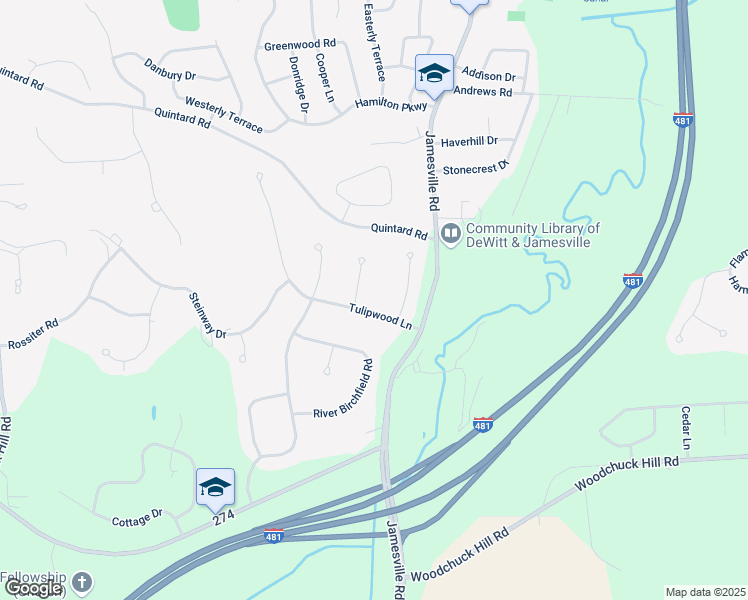 map of restaurants, bars, coffee shops, grocery stores, and more near 5104 Hardstone Road in Jamesville