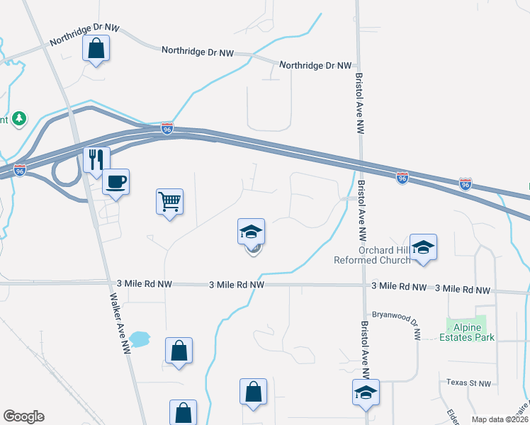 map of restaurants, bars, coffee shops, grocery stores, and more near 1797 Bristol Ridge Drive in Grand Rapids