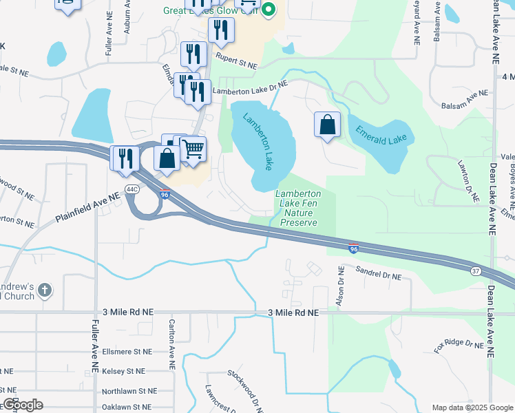 map of restaurants, bars, coffee shops, grocery stores, and more near 3116 Plaza Drive Northeast in Grand Rapids