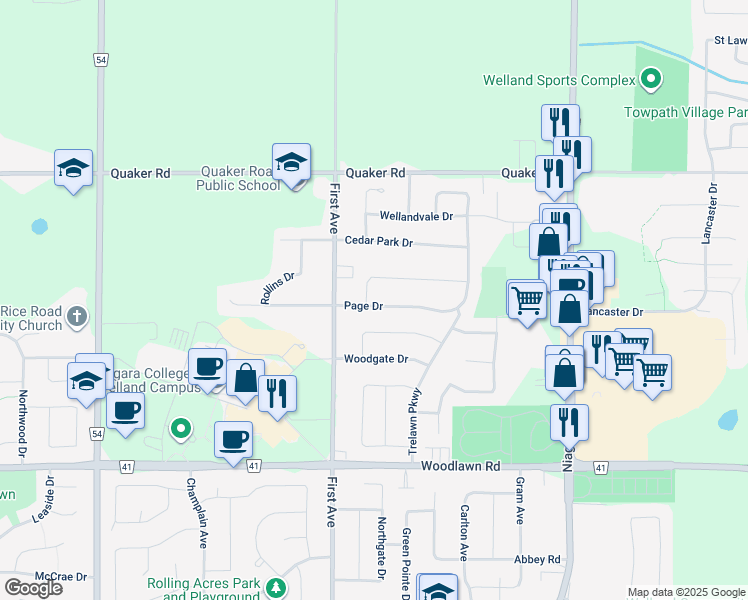 map of restaurants, bars, coffee shops, grocery stores, and more near 17 Whiteoak Crescent in Welland