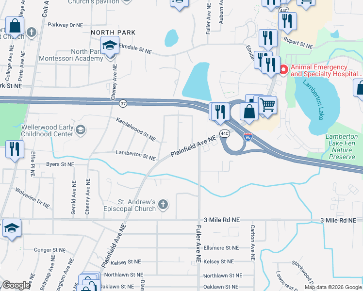 map of restaurants, bars, coffee shops, grocery stores, and more near 3054 Rickman Avenue Northeast in Grand Rapids