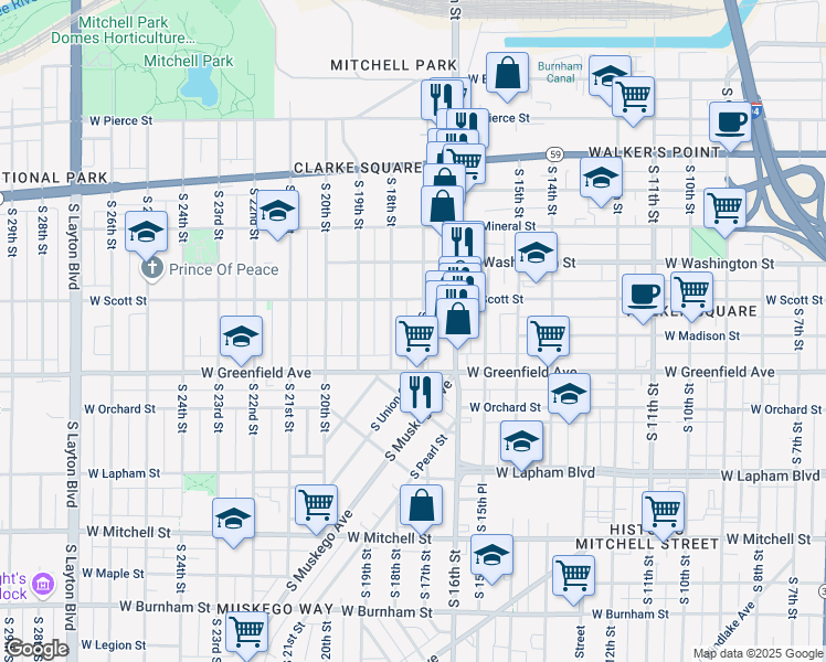 map of restaurants, bars, coffee shops, grocery stores, and more near 1221 South 17th Street in Milwaukee