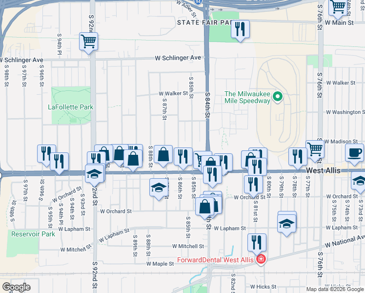 map of restaurants, bars, coffee shops, grocery stores, and more near 1229 South 86th Street in West Allis