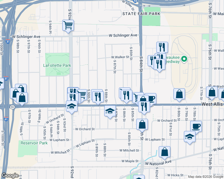 map of restaurants, bars, coffee shops, grocery stores, and more near 1229 South 87th Street in West Allis