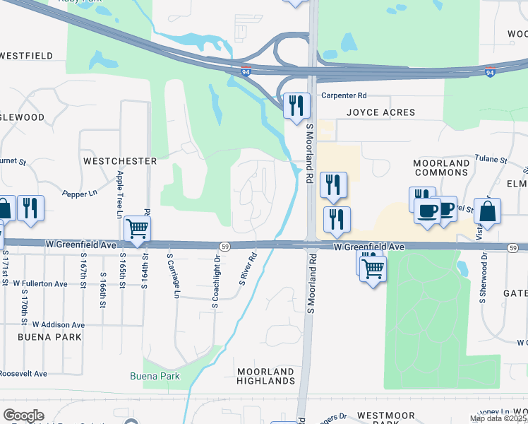 map of restaurants, bars, coffee shops, grocery stores, and more near 1250 Club Circle in Brookfield
