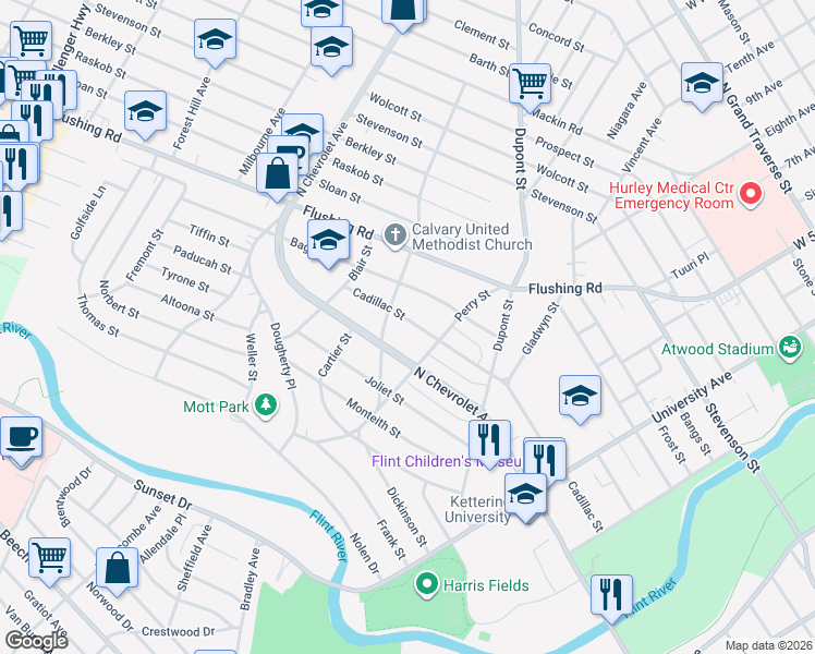 map of restaurants, bars, coffee shops, grocery stores, and more near 1018 Woodbridge Street in Flint