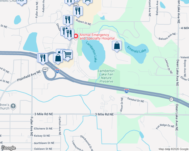 map of restaurants, bars, coffee shops, grocery stores, and more near 3100 Plaza Drive Northeast in Grand Rapids