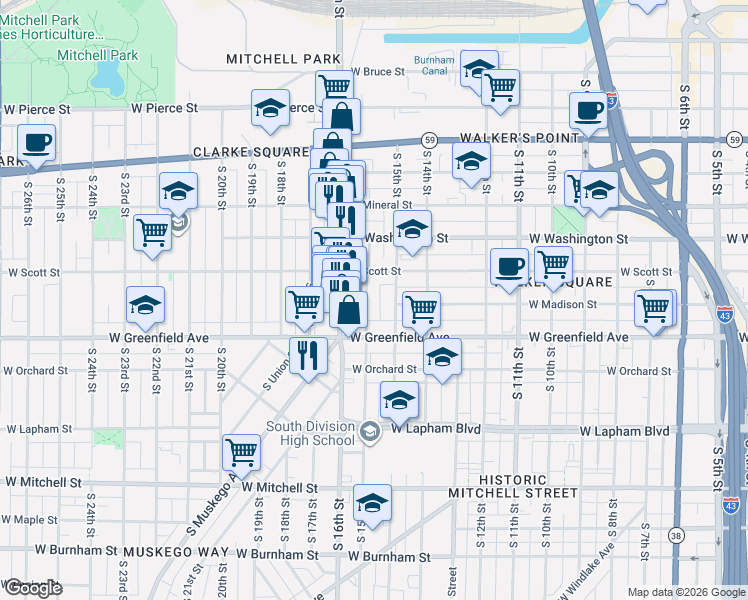 map of restaurants, bars, coffee shops, grocery stores, and more near 1222 South 15th Place in Milwaukee