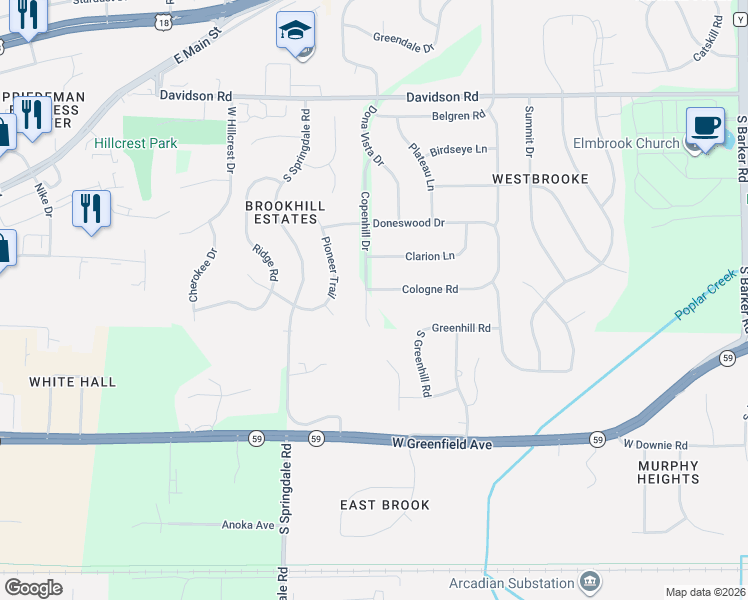 map of restaurants, bars, coffee shops, grocery stores, and more near 21675 Cologne Road in Waukesha
