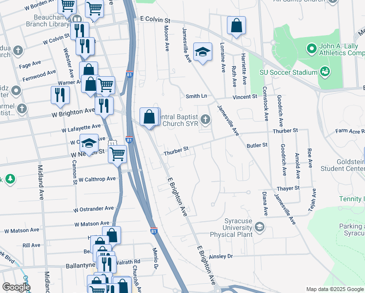 map of restaurants, bars, coffee shops, grocery stores, and more near 201 Thurber Street in Syracuse