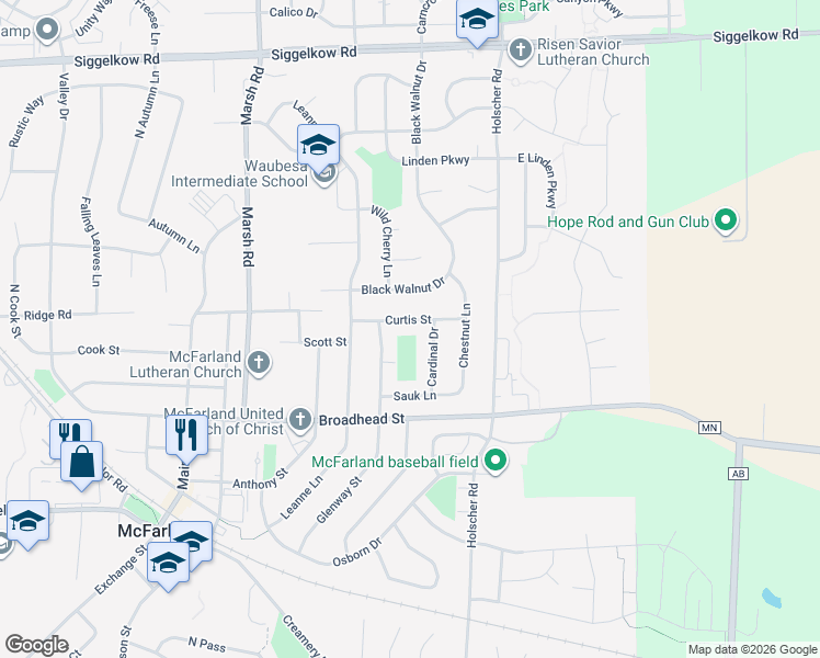 map of restaurants, bars, coffee shops, grocery stores, and more near 5715 Curtis Street in McFarland
