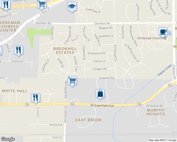 map of restaurants, bars, coffee shops, grocery stores, and more near 21675 Cologne Road in Waukesha