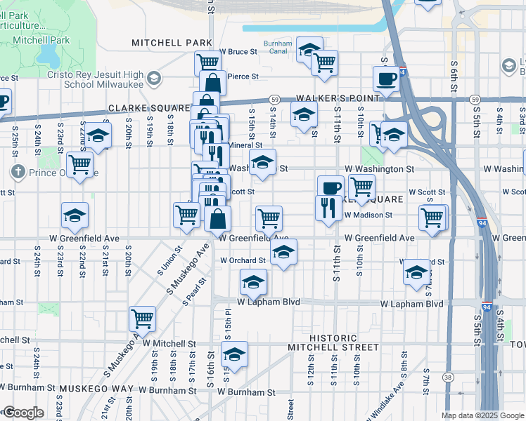 map of restaurants, bars, coffee shops, grocery stores, and more near 1414 West Madison Street in Milwaukee