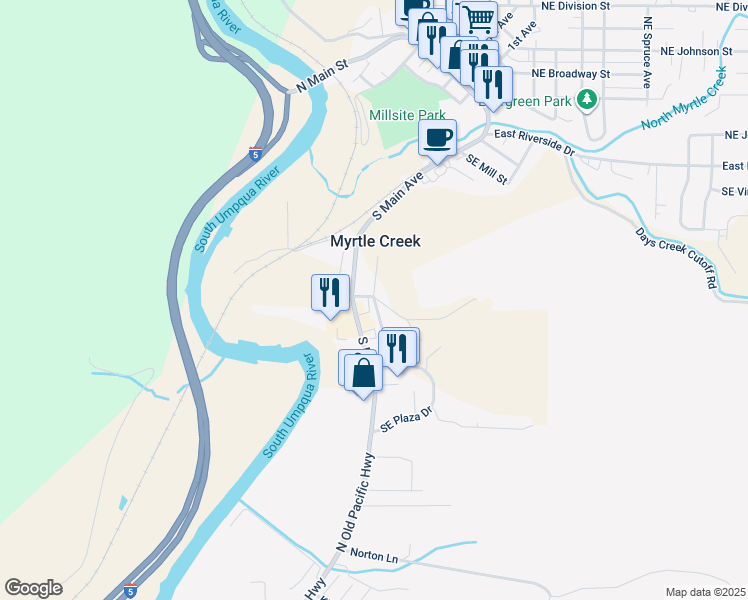 map of restaurants, bars, coffee shops, grocery stores, and more near 700 Meadowlark Avenue in Myrtle Creek