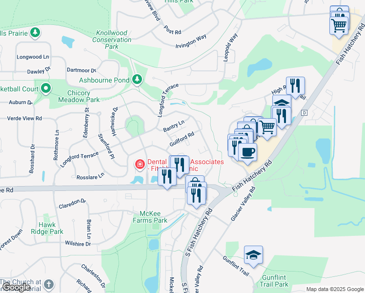 map of restaurants, bars, coffee shops, grocery stores, and more near 5585 Guilford Road in Fitchburg