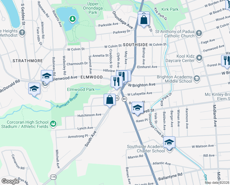map of restaurants, bars, coffee shops, grocery stores, and more near 110 Elmwood Avenue in Syracuse