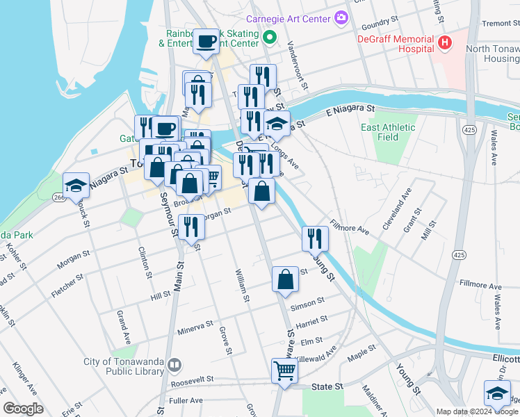 map of restaurants, bars, coffee shops, grocery stores, and more near 35 Delaware Street in Tonawanda