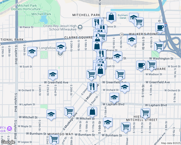 map of restaurants, bars, coffee shops, grocery stores, and more near 1221 South 17th Street in Milwaukee