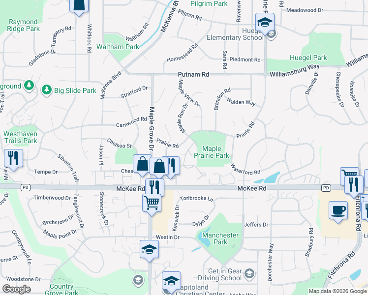map of restaurants, bars, coffee shops, grocery stores, and more near 3229 Prairie Road in Madison