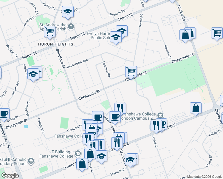map of restaurants, bars, coffee shops, grocery stores, and more near 351 Fleming Drive in London
