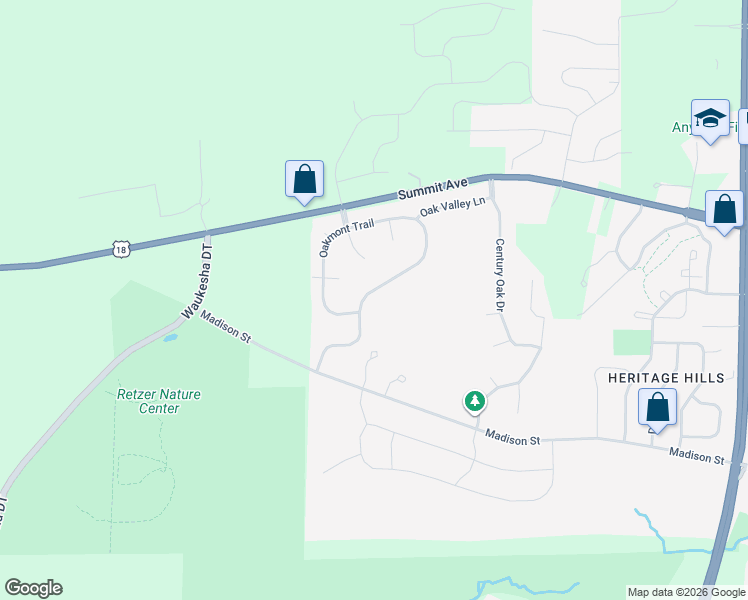 map of restaurants, bars, coffee shops, grocery stores, and more near 3907 Oakmont Trail in Waukesha