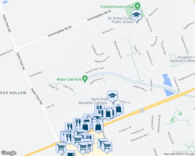 map of restaurants, bars, coffee shops, grocery stores, and more near 2152 Wateroak Drive in London