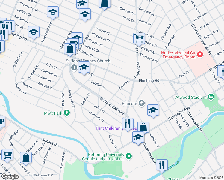 map of restaurants, bars, coffee shops, grocery stores, and more near 2006 Cadillac Street in Flint