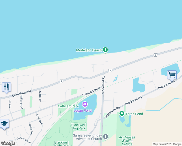 map of restaurants, bars, coffee shops, grocery stores, and more near 24 Crestwood Place in Sarnia