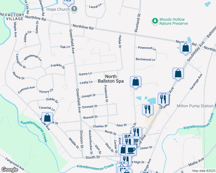 map of restaurants, bars, coffee shops, grocery stores, and more near 70 Frederick Street in Ballston Spa