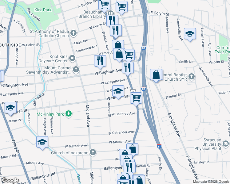 map of restaurants, bars, coffee shops, grocery stores, and more near 159-61 West Corning Avenue in Syracuse
