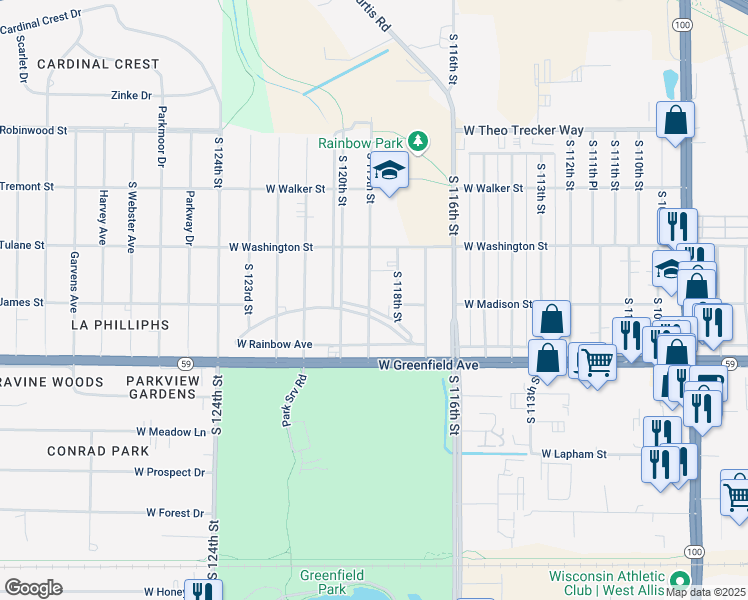 map of restaurants, bars, coffee shops, grocery stores, and more near 11834 West Rainbow Avenue in West Allis