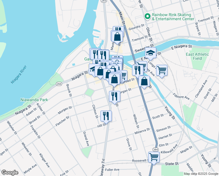 map of restaurants, bars, coffee shops, grocery stores, and more near 101 Broad Street in Tonawanda
