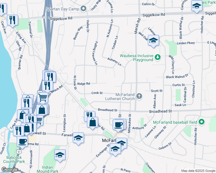 map of restaurants, bars, coffee shops, grocery stores, and more near 5213 Ridge Road in McFarland