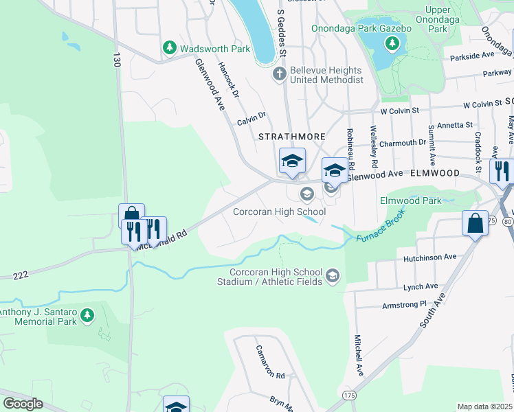 map of restaurants, bars, coffee shops, grocery stores, and more near 5087 Reinman Road in Syracuse