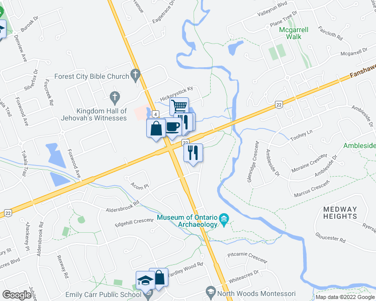 map of restaurants, bars, coffee shops, grocery stores, and more near 1806 Attawandaron Road in London